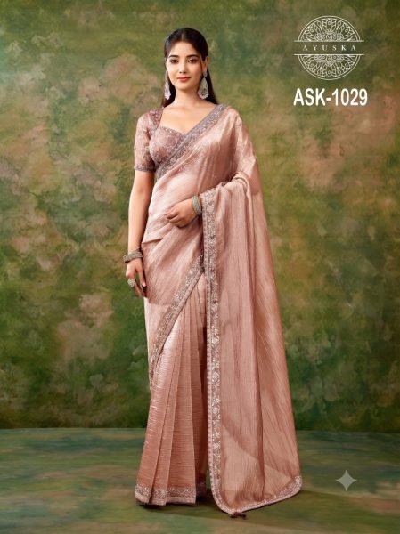 Revolutionary Peach Tissue Organza Saree with Exclusive Fancy Work Readymade Blouse Organza Sarees Wholesale