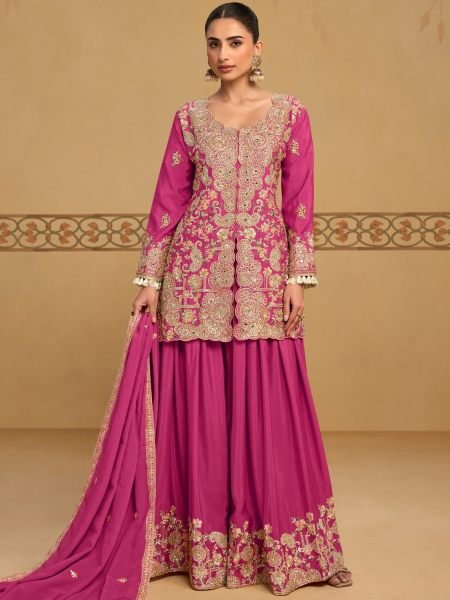 Revolutionary Pink Designer Chinon Embroidered Three Piece Suit Set at Manufacturer  Salwar Kameez