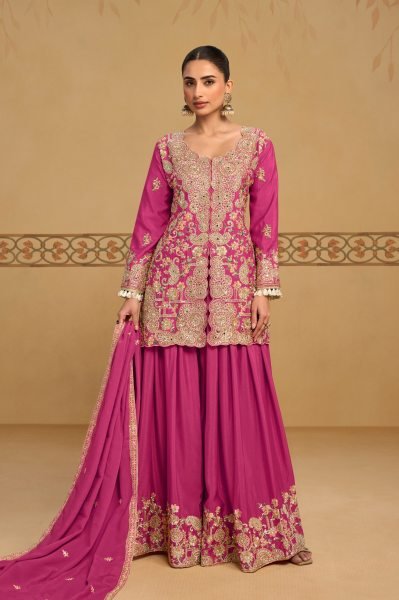 Revolutionary Pink Designer Chinon Embroidered Three Piece Suit Set at Manufacturer  Designer Plazzo Salwar Suits Wholesale