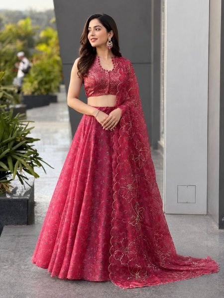 Revolutionary Pink Festive Wear Jimmy Organza Lehenga with Embroidered Sequence Detailing 