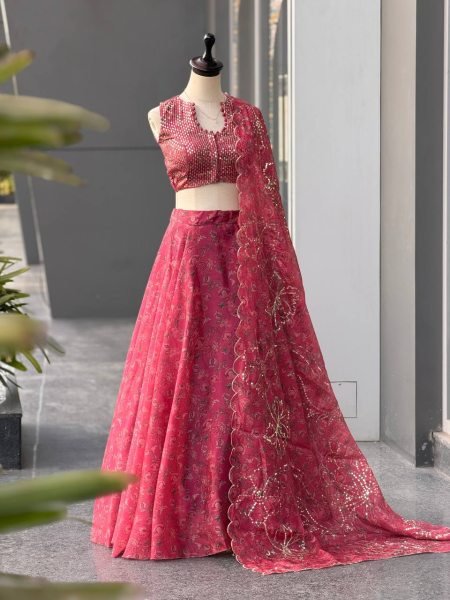 Revolutionary Pink Festive Wear Jimmy Organza Lehenga with Embroidered Sequence Detailing Designer Lehenga Choli
