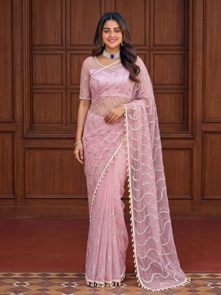 Revolutionary Pink Net Saree with Heavy Embroidery Work and Blouse Sarees 