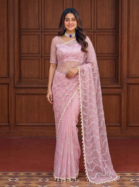 Revolutionary Pink Net Saree with Heavy Embroidery Work and Blouse Net Sarees Wholesale