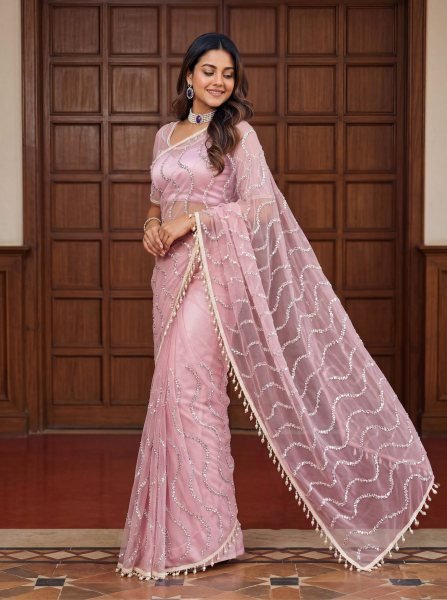 Revolutionary Pink Net Saree with Heavy Embroidery Work and Blouse Net Sarees Wholesale