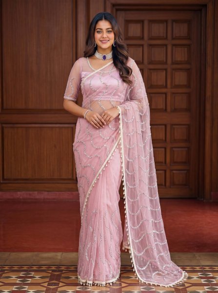 Revolutionary Pink Net Saree with Heavy Embroidery Work and Blouse Net Sarees Wholesale