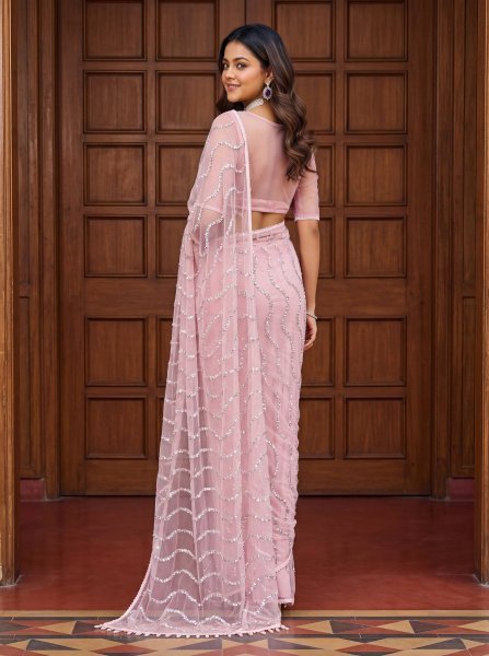 Revolutionary Pink Net Saree with Heavy Embroidery Work and Blouse Net Sarees Wholesale