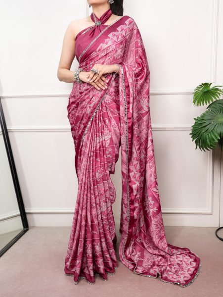Revolutionary Pink Satin Silk Geometric Print Saree with Mirror Lace Border Silk Sarees Wholesale