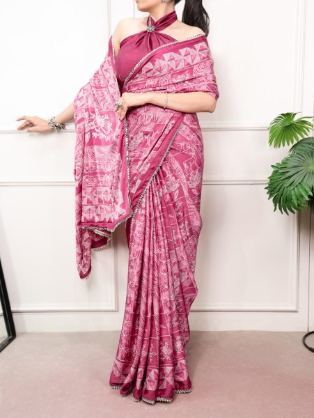 Revolutionary Pink Satin Silk Geometric Print Saree with Mirror Lace Border Silk Sarees Wholesale