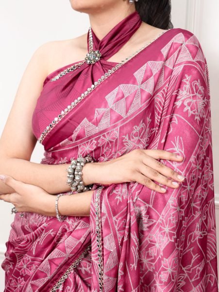 Revolutionary Pink Satin Silk Geometric Print Saree with Mirror Lace Border Silk Sarees Wholesale