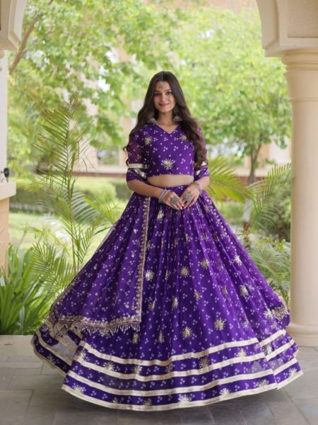 Revolutionary Purple Faux Georgette Lehenga Choli Set with Bandhej Print and Dupatta 