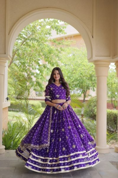 Revolutionary Purple Faux Georgette Lehenga Choli Set with Bandhej Print and Dupatta Navratri Lehnega Choli