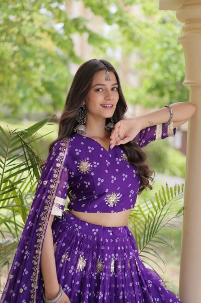 Revolutionary Purple Faux Georgette Lehenga Choli Set with Bandhej Print and Dupatta Navratri Lehnega Choli