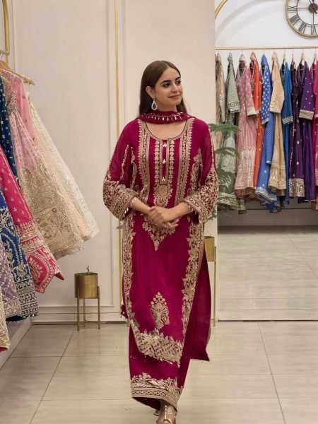 Revolutionary Rani Pink Georgette Kurti With Embroidery Lace Border In Dupatta Ready To Wear Suit