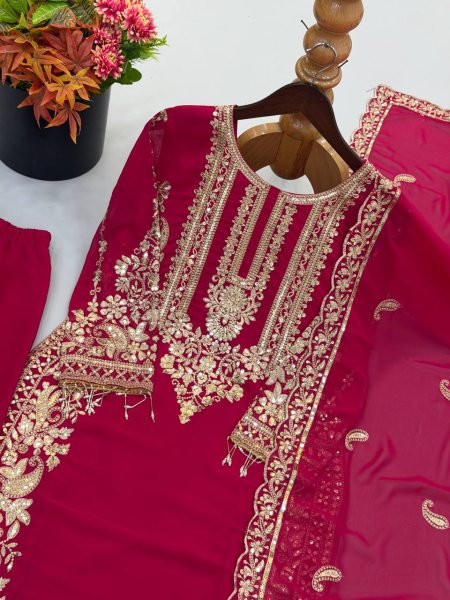 Revolutionary Rani Pink Georgette Kurti With Embroidery Lace Border In Dupatta Ready To Wear Collection