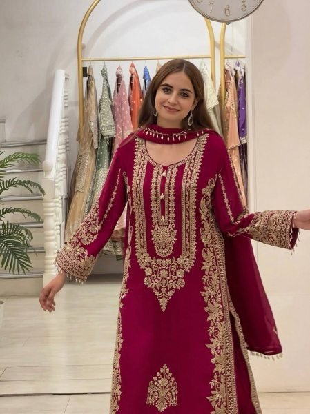 Revolutionary Rani Pink Georgette Kurti With Embroidery Lace Border In Dupatta Ready To Wear Collection
