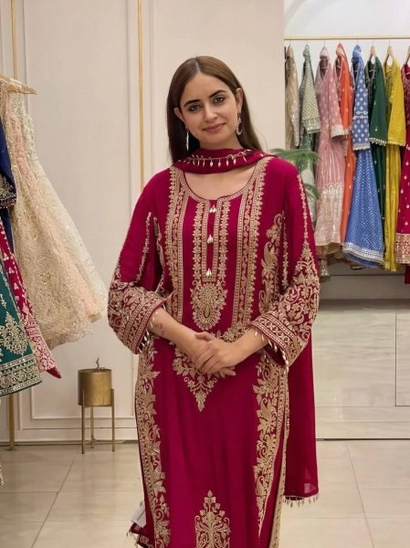Revolutionary Rani Pink Georgette Kurti With Embroidery Lace Border In Dupatta Ready To Wear Collection