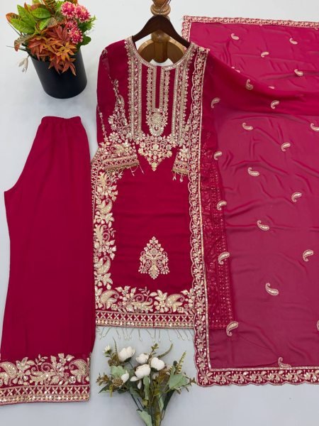 Revolutionary Rani Pink Georgette Kurti With Embroidery Lace Border In Dupatta Ready To Wear Collection
