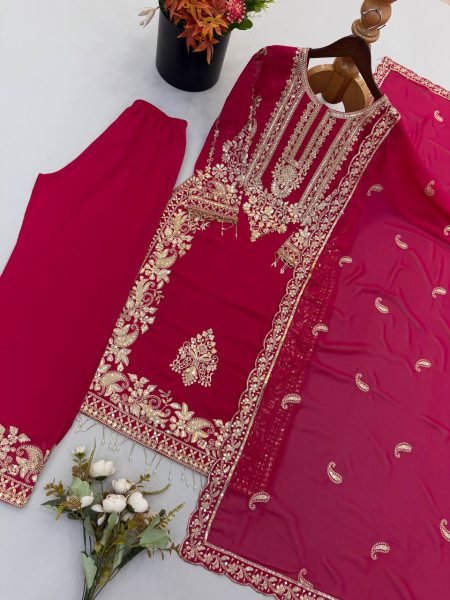 Revolutionary Rani Pink Georgette Kurti With Embroidery Lace Border In Dupatta Ready To Wear Collection
