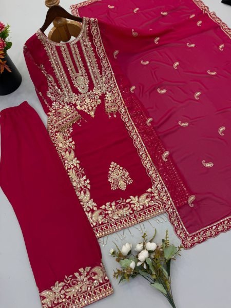 Revolutionary Rani Pink Georgette Kurti With Embroidery Lace Border In Dupatta Ready To Wear Collection