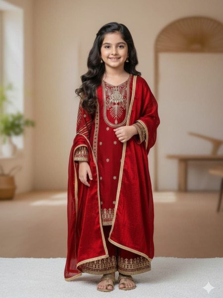 Stunning Red Kids GMY Silk Suit Set with Embroidery Work for Festive Wear Girls Wear