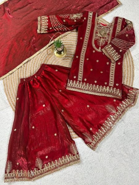 Stunning Red Kids GMY Silk Suit Set with Embroidery Work for Festive Wear Girls Wear