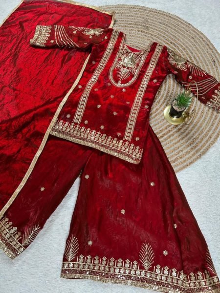 Stunning Red Kids GMY Silk Suit Set with Embroidery Work for Festive Wear Girls Wear
