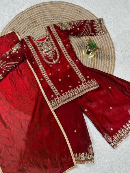 Stunning Red Kids GMY Silk Suit Set with Embroidery Work for Festive Wear Girls Wear