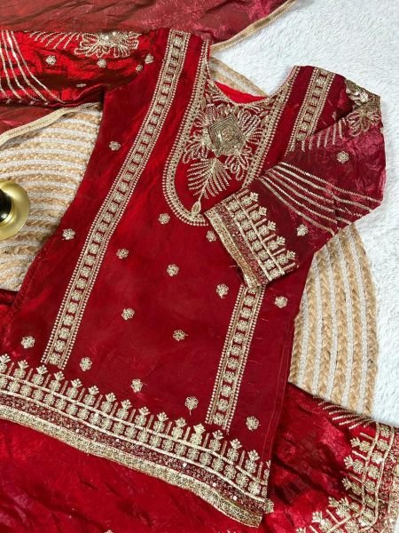 Stunning Red Kids GMY Silk Suit Set with Embroidery Work for Festive Wear Girls Wear