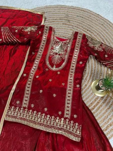 Stunning Red Kids GMY Silk Suit Set with Embroidery Work for Festive Wear Girls Wear