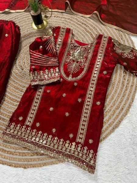 Stunning Red Kids GMY Silk Suit Set with Embroidery Work for Festive Wear Girls Wear