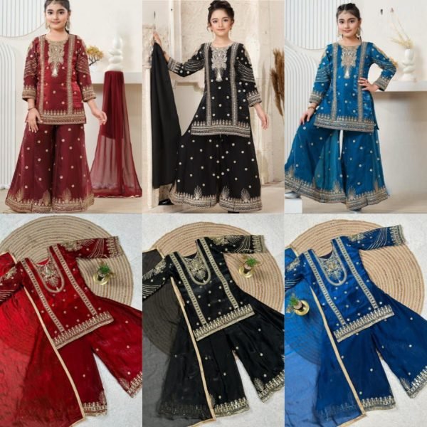 Stunning Red Kids GMY Silk Suit Set with Embroidery Work for Festive Wear Girls Wear