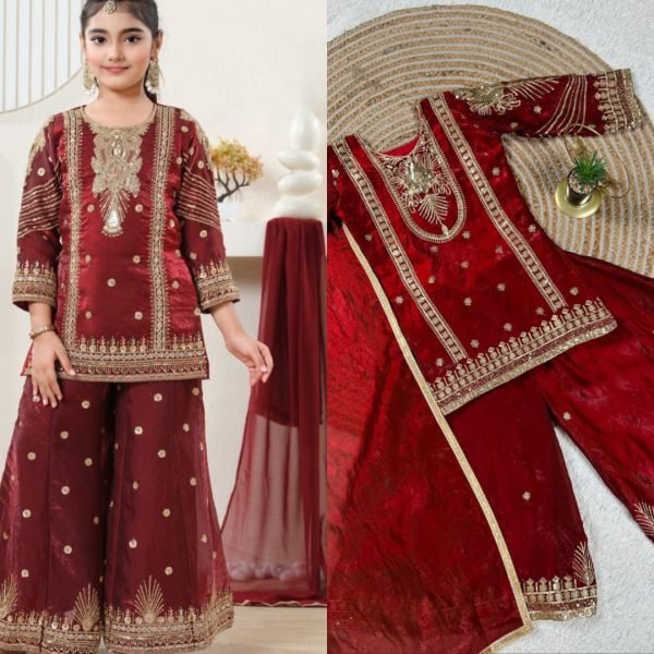 Stunning Red Kids GMY Silk Suit Set with Embroidery Work for Festive Wear Girls Wear