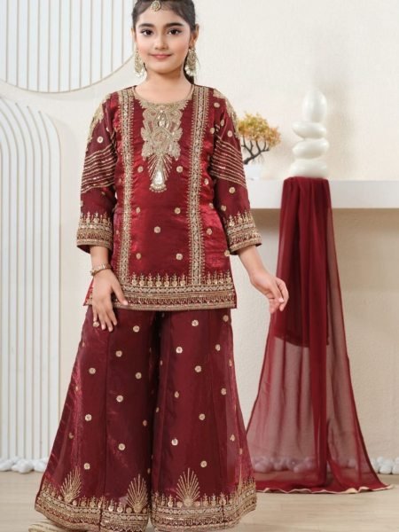 Stunning Red Kids GMY Silk Suit Set with Embroidery Work for Festive Wear Girls Wear