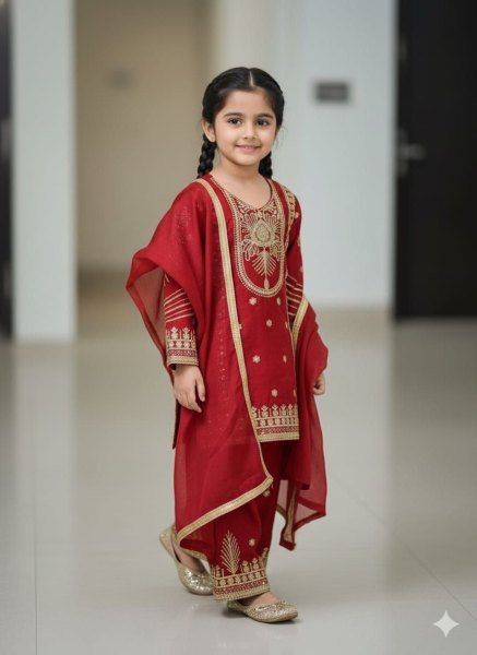Stunning Red Kids GMY Silk Suit Set with Embroidery Work for Festive Wear Girls Wear
