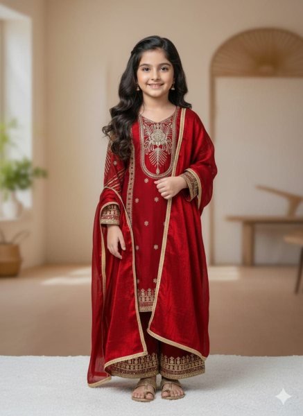 Stunning Red Kids GMY Silk Suit Set with Embroidery Work for Festive Wear Girls Wear