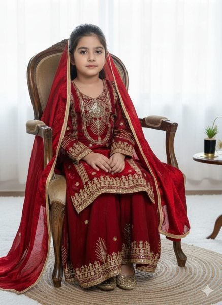 Stunning Red Kids GMY Silk Suit Set with Embroidery Work for Festive Wear Girls Wear