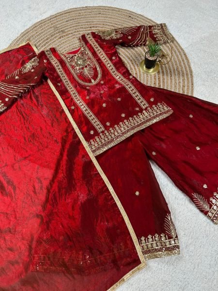 Stunning Red Kids GMY Silk Suit Set with Embroidery Work for Festive Wear Girls Wear