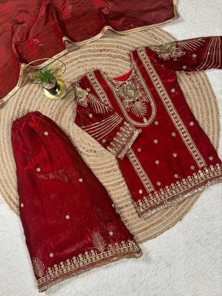 Stunning Red Kids GMY Silk Suit Set with Embroidery Work for Festive Wear Girls Wear