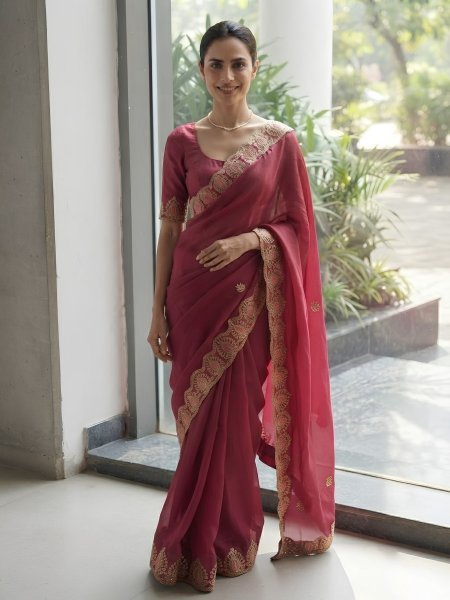 Revolutionary Red Soft Satin Chiffon Saree with Embroidery Lace Border For Wedding Sarees 