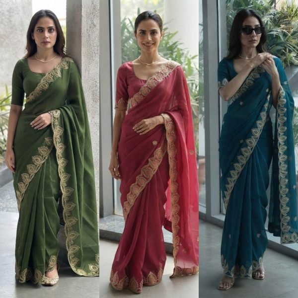 Revolutionary Red Soft Satin Chiffon Saree with Embroidery Lace Border For Wedding Designer Wedding Sarees Wholesale
