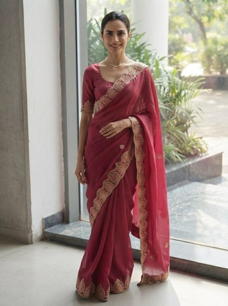 Revolutionary Red Soft Satin Chiffon Saree with Embroidery Lace Border For Wedding Designer Wedding Sarees Wholesale