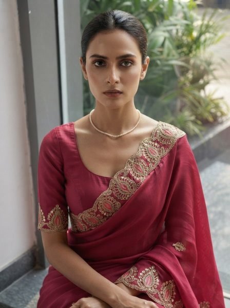 Revolutionary Red Soft Satin Chiffon Saree with Embroidery Lace Border For Wedding Designer Wedding Sarees Wholesale