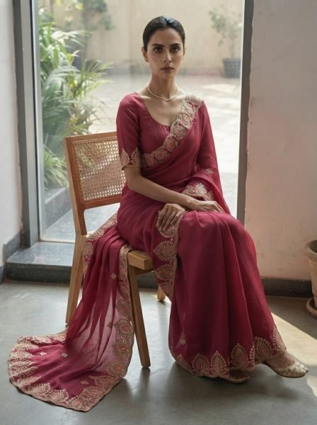 Revolutionary Red Soft Satin Chiffon Saree with Embroidery Lace Border For Wedding Designer Wedding Sarees Wholesale