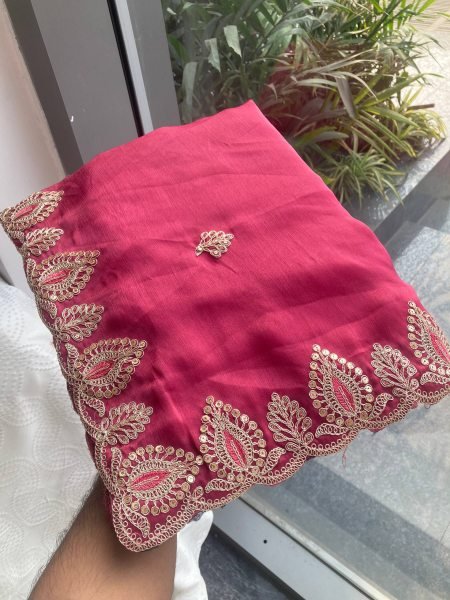 Revolutionary Red Soft Satin Chiffon Saree with Embroidery Lace Border For Wedding Designer Wedding Sarees Wholesale