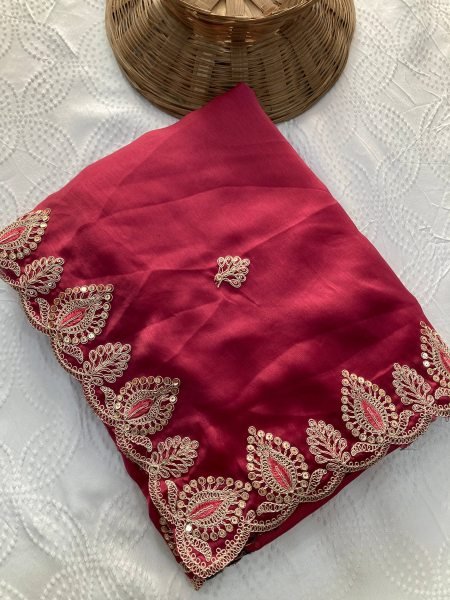 Revolutionary Red Soft Satin Chiffon Saree with Embroidery Lace Border For Wedding Designer Wedding Sarees Wholesale