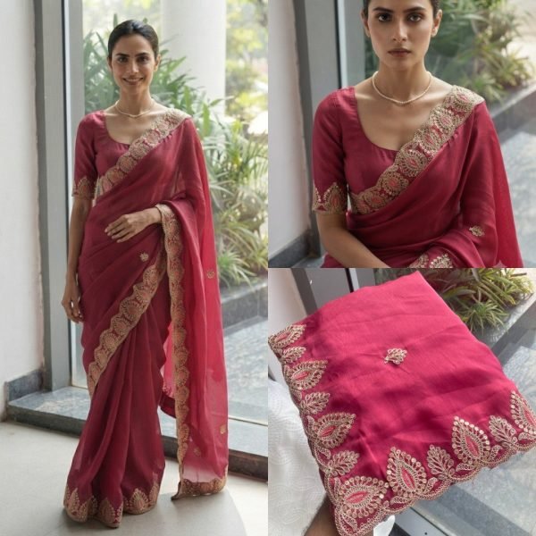 Revolutionary Red Soft Satin Chiffon Saree with Embroidery Lace Border For Wedding Designer Wedding Sarees Wholesale