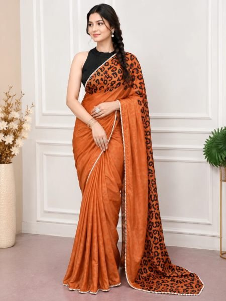 Revolutionary Rust Printed Satin Saree with Rich Banglory Blouse Piece for Festival 