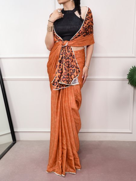 Revolutionary Rust Printed Satin Saree with Rich Banglory Blouse Piece for Festival Silk Sarees Wholesale