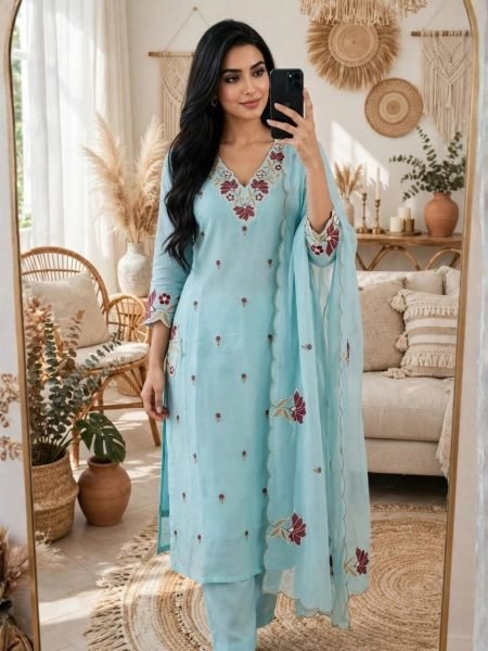 Revolutionary Sky Blue Pure Roman Silk Embroidered Kurta Pant Dupatta Set at Manufacturer  Kurtis