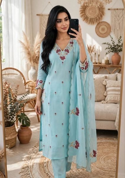 Revolutionary Sky Blue Pure Roman Silk Embroidered Kurta Pant Dupatta Set at Manufacturer  Embroidery Kurtis 